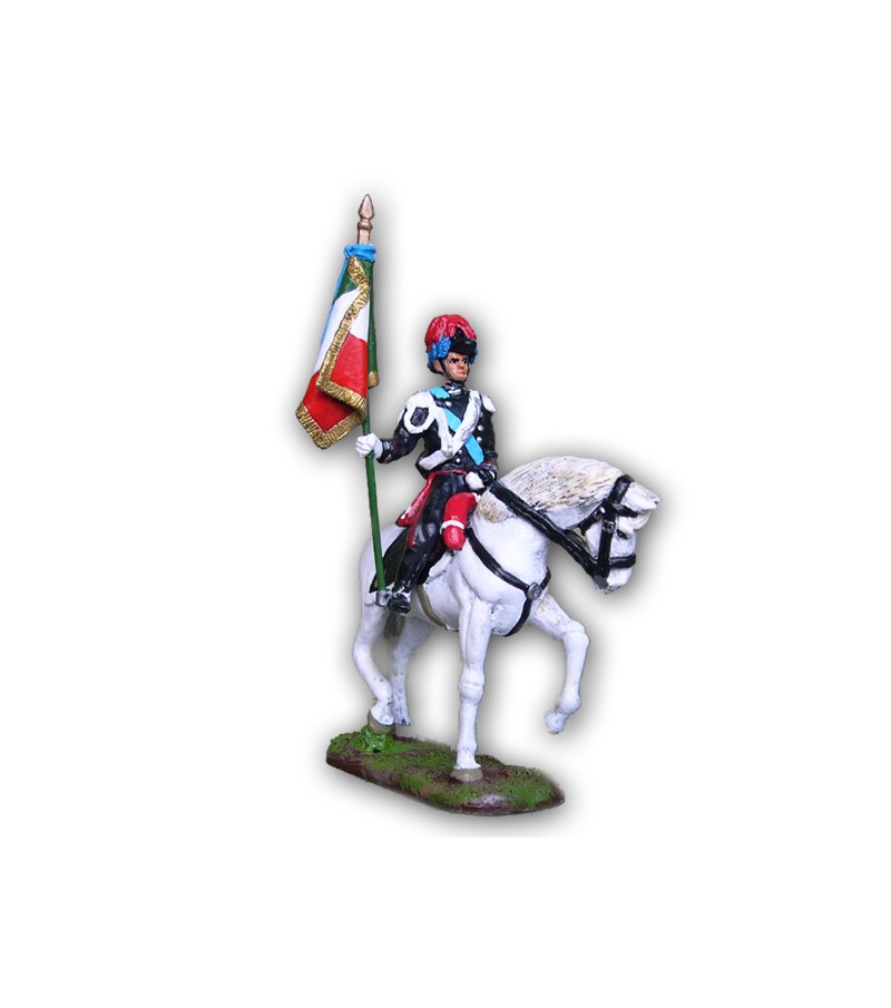 Carbineer on horseback with flag made in tin-based alloy