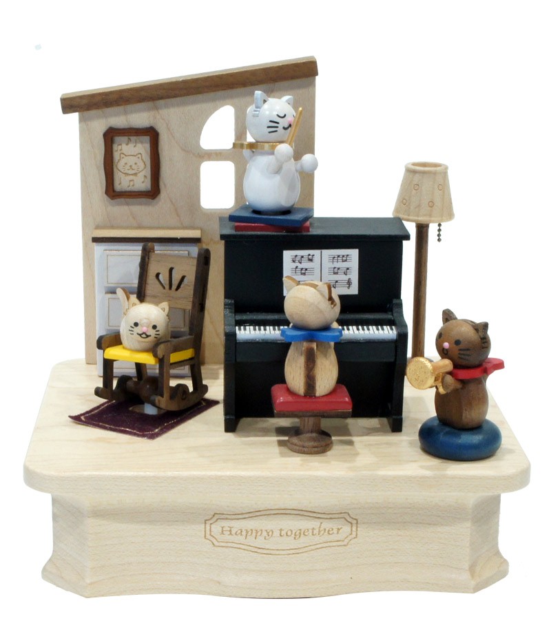 Wooden Music Box Cat and Piano