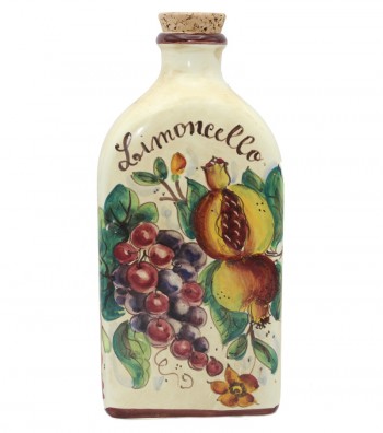 Bottiglia in ceramica dipinta a mano decoro melograno uva.